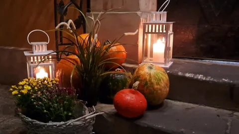 Rustic Fall Lanterns and Decorative Pumpkins Video stock 287906044