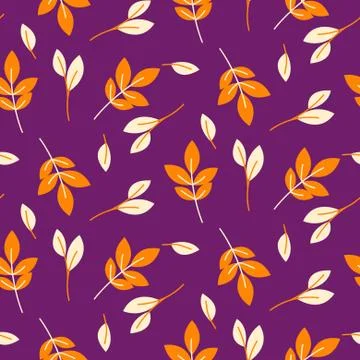 Rustic fall orange leaves seamless purple pattern. Stock Illustration