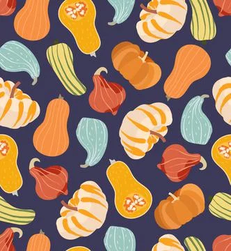 Rustic fall seamless pattern with colorful pumpkins Stock Illustration