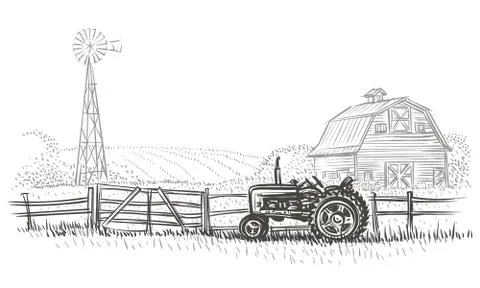Rustic farm landscape hand drawn illustration. Stock Illustration