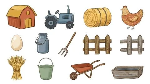 Rustic farm life elements collection showcases wooden barn and blue tractor.. Stock Illustration
