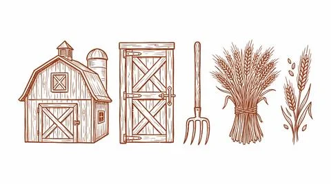 Rustic farm life sketches including barn silos pitchfork and wheat stalks set Ilustración de archivo