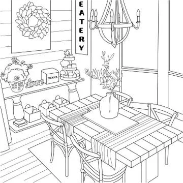 Rustic Farmhouse Dining Room Vector Line Art Stock Illustration