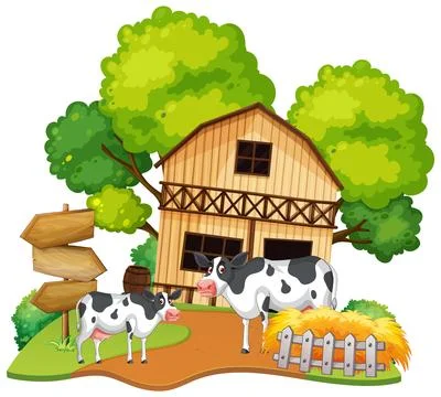Rustic Farmhouse with Grazing Cows 스톡 일러스트