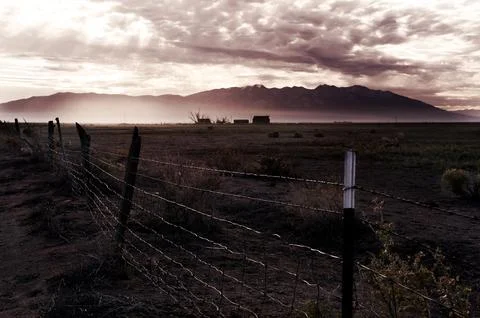 Rustic fence stretching across the fields of Colorado at dawn Stock Photos