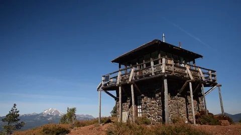 Rustic Fire Lookout on Mountain Top. Nature in 60 FPS. Stock Footage