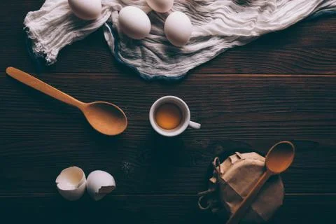 Rustic flat lay composition of ingredients and utensils Stock Photos