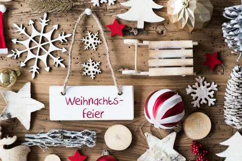 Rustic Flat Lay, Weihnachtsfeier Means Christmas Party Foto stock