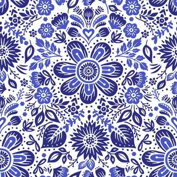 Rustic Folk Art Blue Vector Background Seamless Pattern Stock Illustration