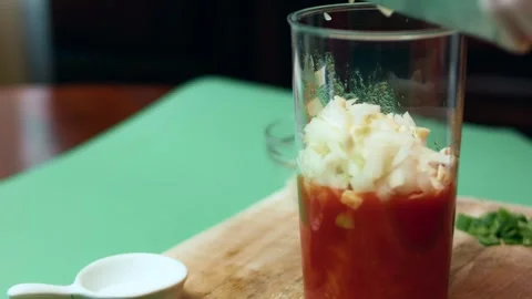 Rustic fresh tomato salsa blended with herbs and garlic in detail, 4K Stock Footage 341104216