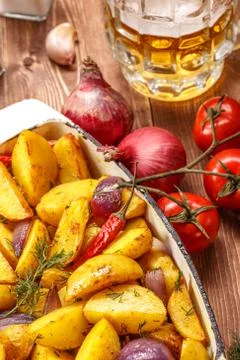 Rustic Fried Potato. Top view. Stock Photos