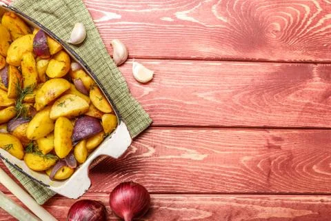 Rustic Fried Potato. Top view. Stock Photos