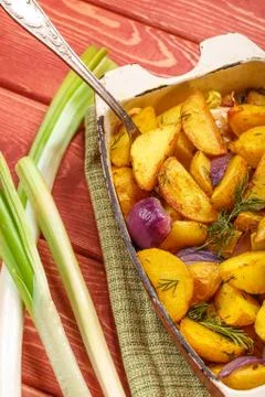 Rustic Fried Potato. Top view. Stock Photos