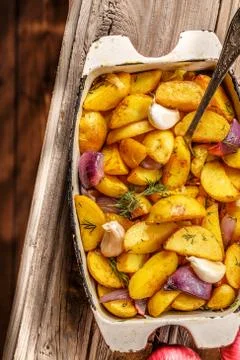 Rustic Fried Potato. Top view. Stock Photos