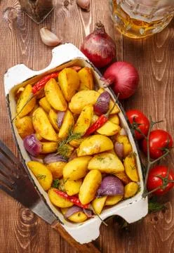 Rustic Fried Potato. Top view. Stock Photos