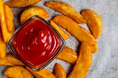 Rustic fried potatoes on a paper background with ketchup. Top view. Foto stock