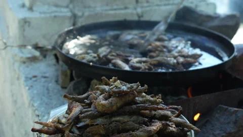 Rustic frying fish in cast iron pan on open fire outdoors Stock Footage 312522036