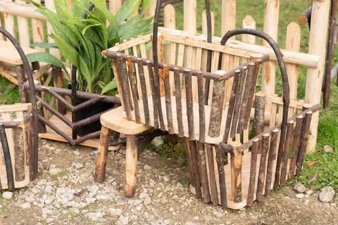 Rustic garden baskets made from natural branches at French exhibition Stock Photos