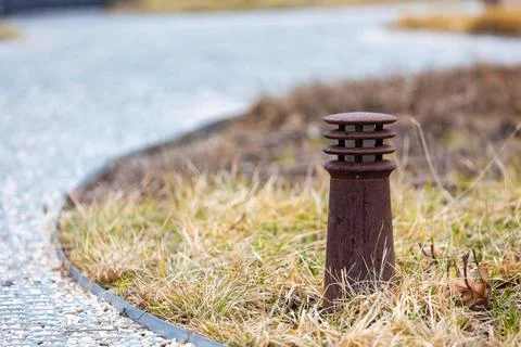 Rustic Garden Pathway Lighting in Early Spring Morning Stock Photos