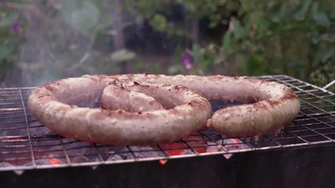 Rustic garden scene with aromatic grilled sausage and embers. Closeup of Stock Footage 345177651