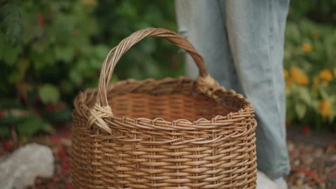 Rustic garden scene. Wicker basket resting near pebbles in garden. Gardener 動画素材 346388349