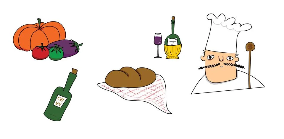 Rustic gastronomy set on white background Stock Illustration