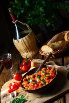 Rustic giant beans with fresh tomato sauce Stock Photos