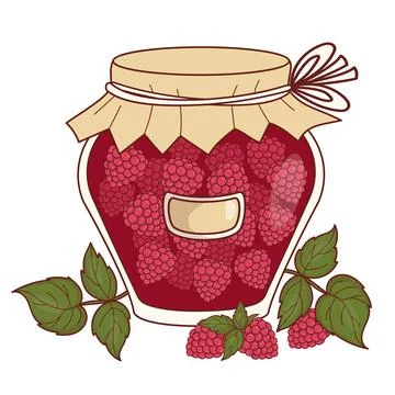 Rustic Glass Jar Of Red Raspberry Jam. Natural Preserve With Craft Paper Li.. Illustrazione stock