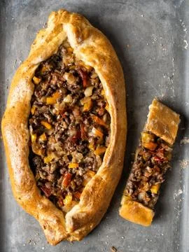Rustic golden turkish pide bread pizza Stock Photos
