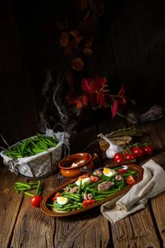 Rustic green bean salad with egg and tuna Stock Photos