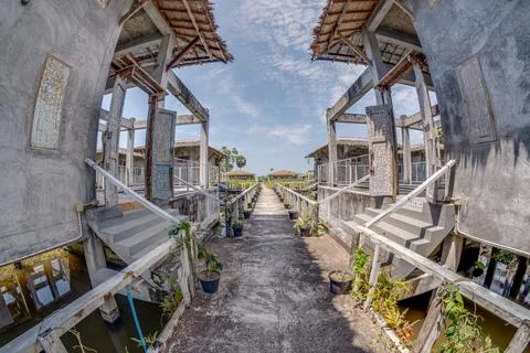 Rustic grey villas built over a pond filled with lotus leaves Fotos de archivo