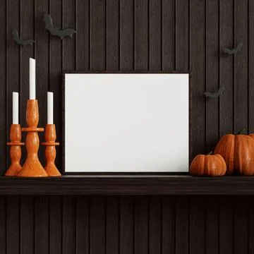 Rustic Halloween Shelf Decor with Candles and Pumpkins 3D Render Stock Illustration