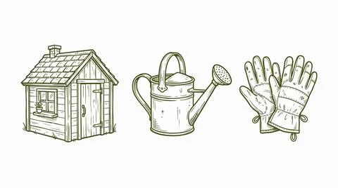 Rustic hand-drawn garden tools sketch including a shed, watering can, and g.. Ilustración de archivo