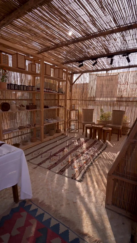Rustic handcrafted interior of an artisanal shop with natural decor Stock Footage 336491688