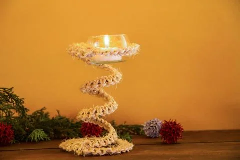 Rustic handmade candlesticks made with recycled materials Stock Photos