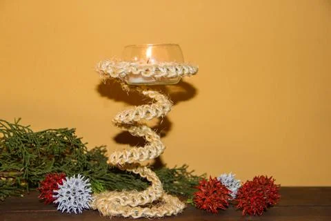 Rustic handmade candlesticks made with recycled materials Stock Photos