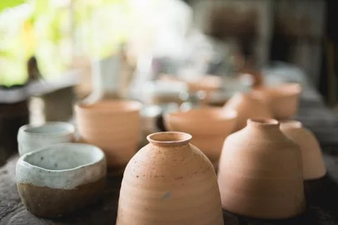 Rustic handmade ceramic clay brown terracotta cups Stock Photos