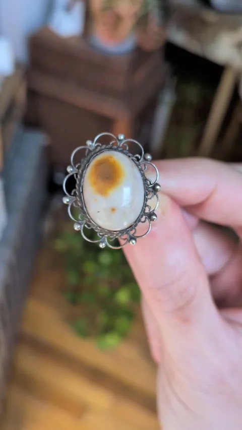 Rustic Handmade Floral Ring, 925 Sterling Silver and Jasper Pebble Gemstone Stock Footage 343427859
