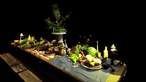 Rustic harvest scene illuminated by brass candleholders and natural light Stock Footage 342437188
