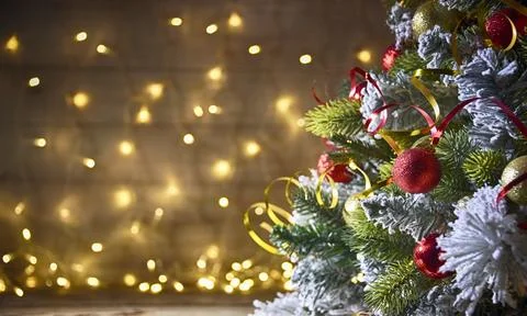 Rustic holiday background with christmas tree Stock Photos