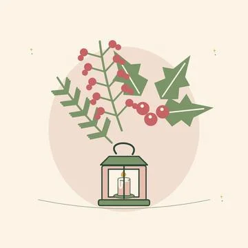 Rustic holiday foliage with a lantern. Decorative botanical arrangement with  Ilustración de archivo