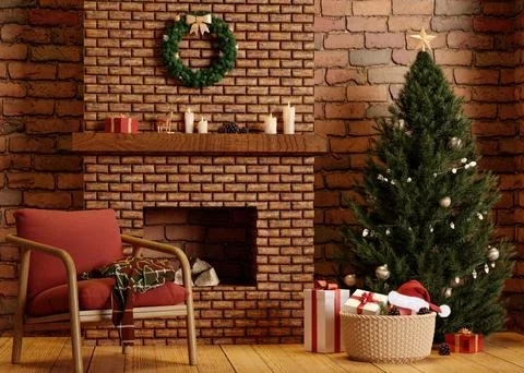 Rustic Holiday Setting with Brick Fireplace and Christmas Tree 3D Render Stock Illustration
