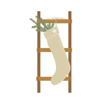 Rustic holiday stocking with greenery hanging on a wooden ladder. Stockillustratie