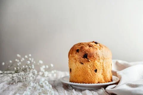Rustic homemade easter cake, panettone with copy space. Stock Photos