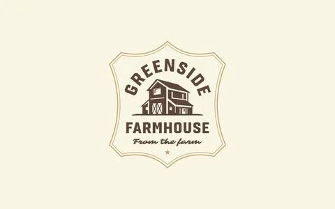 Rustic homestead shield logo vector offers local organic food producers and e Stock Illustration