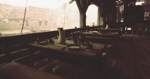 Rustic interior dining area with wooden tables and simple dishware Illustrazione stock