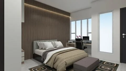 Rustic Interior Master Bedroom Design with Wooden Wall Background Illustrazione stock