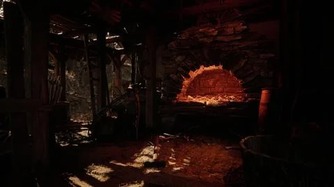 Rustic interior of a medieval workshop with a warm glowing hearth Illustrazione stock