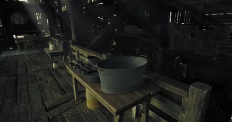 Rustic interior of an old barn showcasing wooden beams and vintage tools Stock Footage 321337182