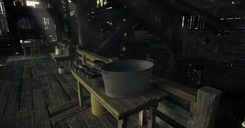 Rustic interior of an old barn showcasing wooden beams and vintage tools Stock Illustration